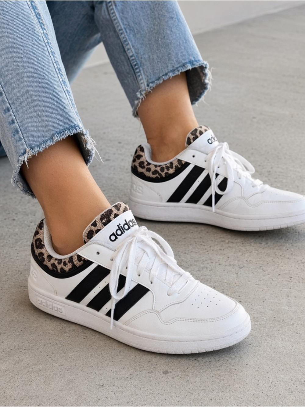 Adidas Hoops 3.0 Low Leopard Sneakers White Black Women’s 8.5